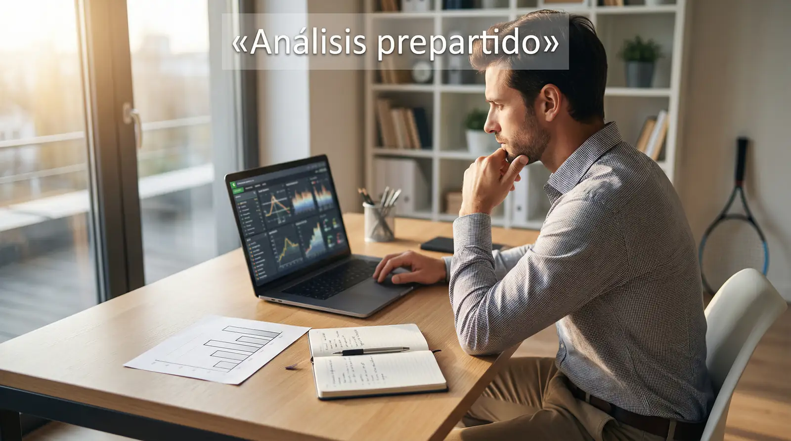 Tenista profesional concentrado antes de un partido con datos estadísticos en pantalla