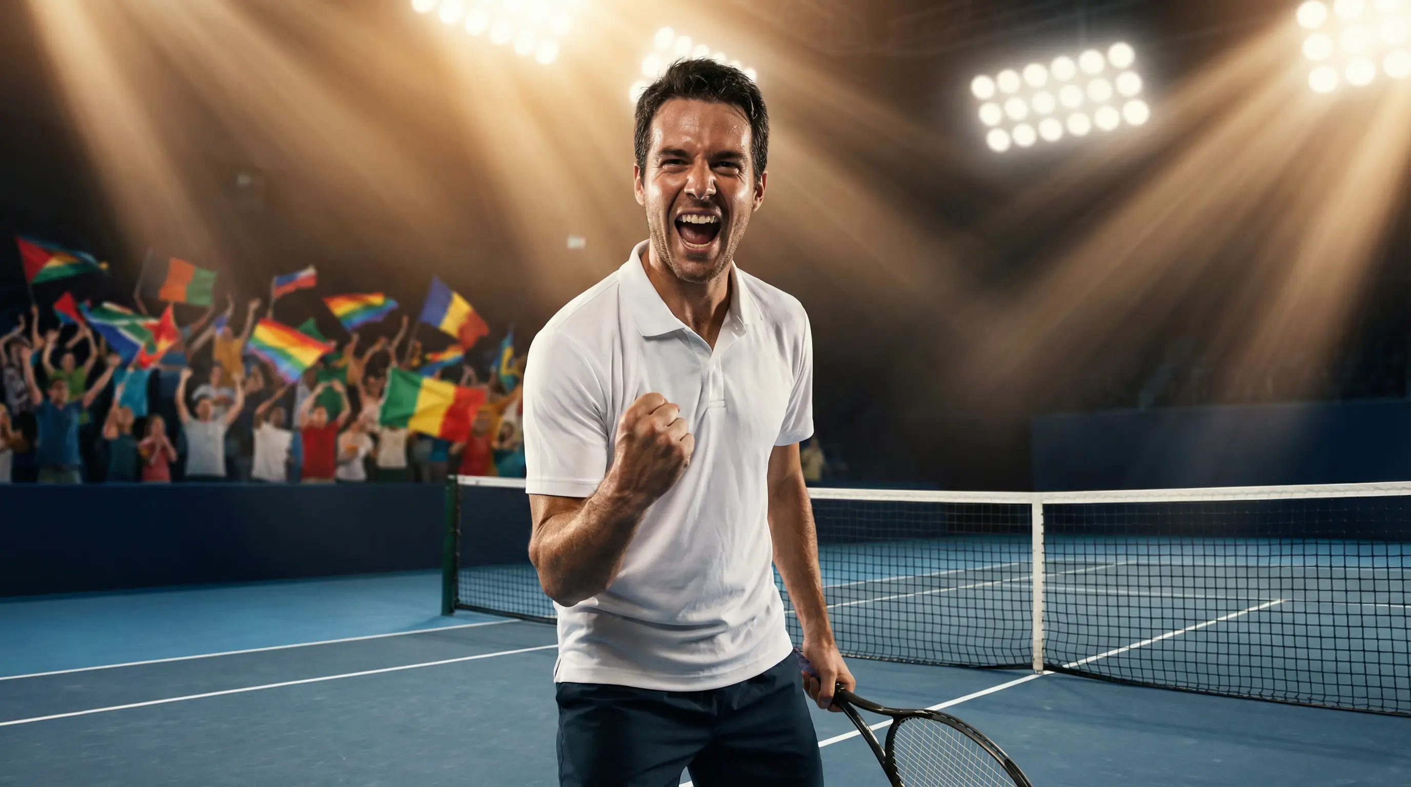 Tenista celebrando un punto de Copa Davis con la bandera de su país en la grada