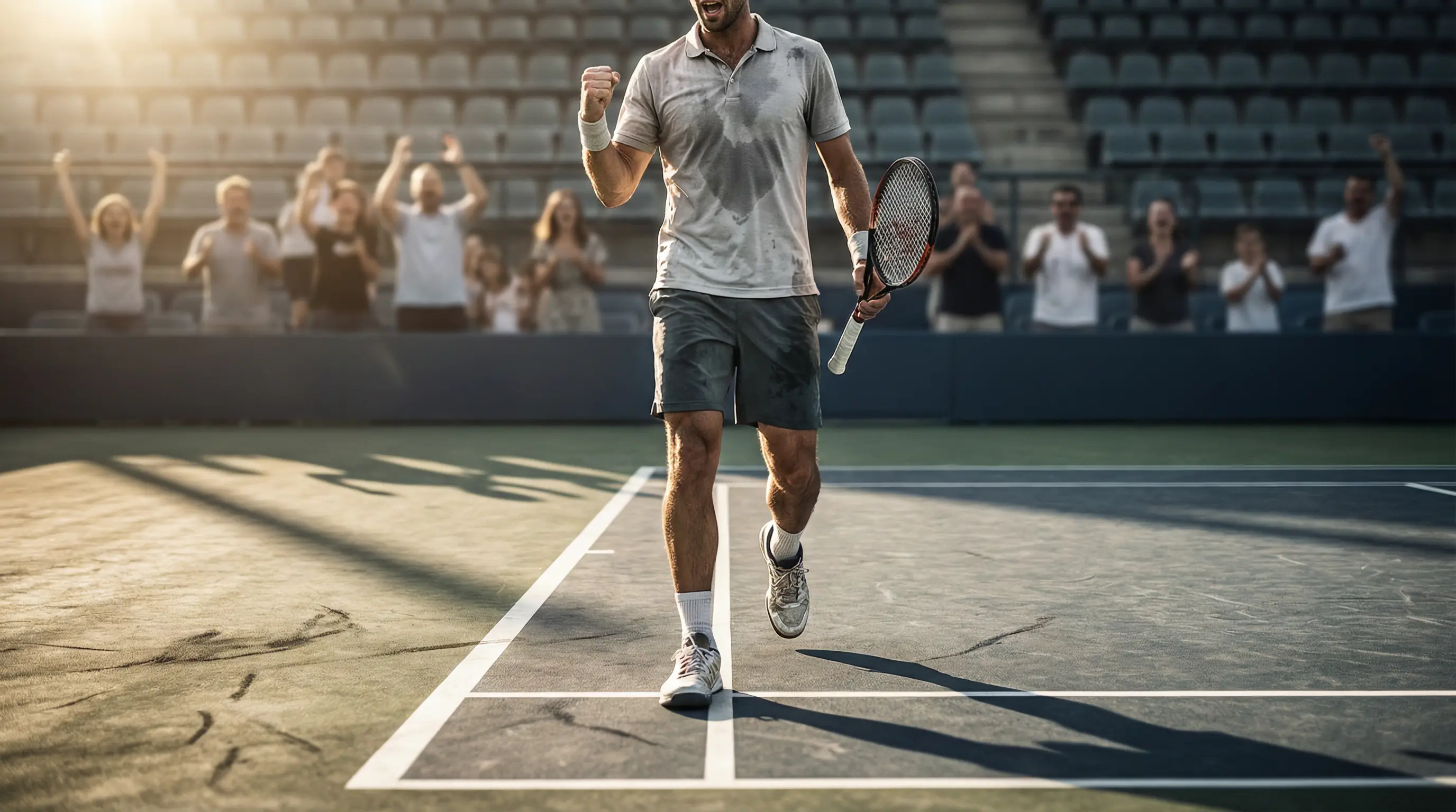 Tenista profesional celebrando la victoria en pista dura tras un partido de tenis