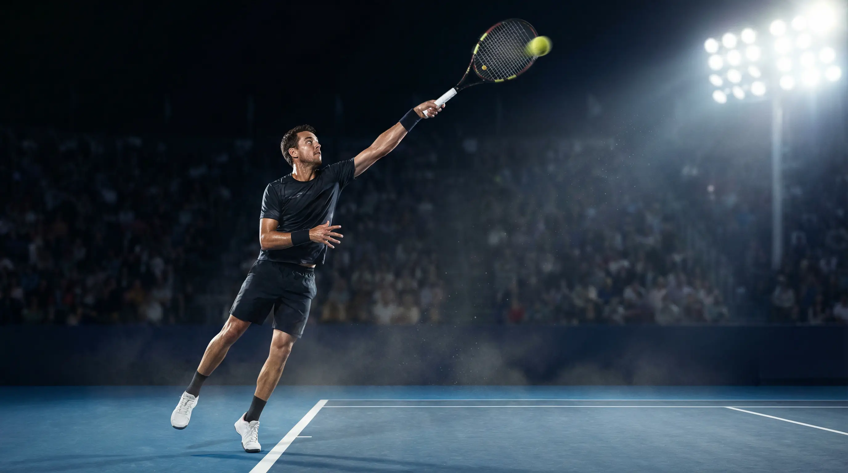 Tenista realizando un saque potente en una pista dura de tenis con iluminación dramática