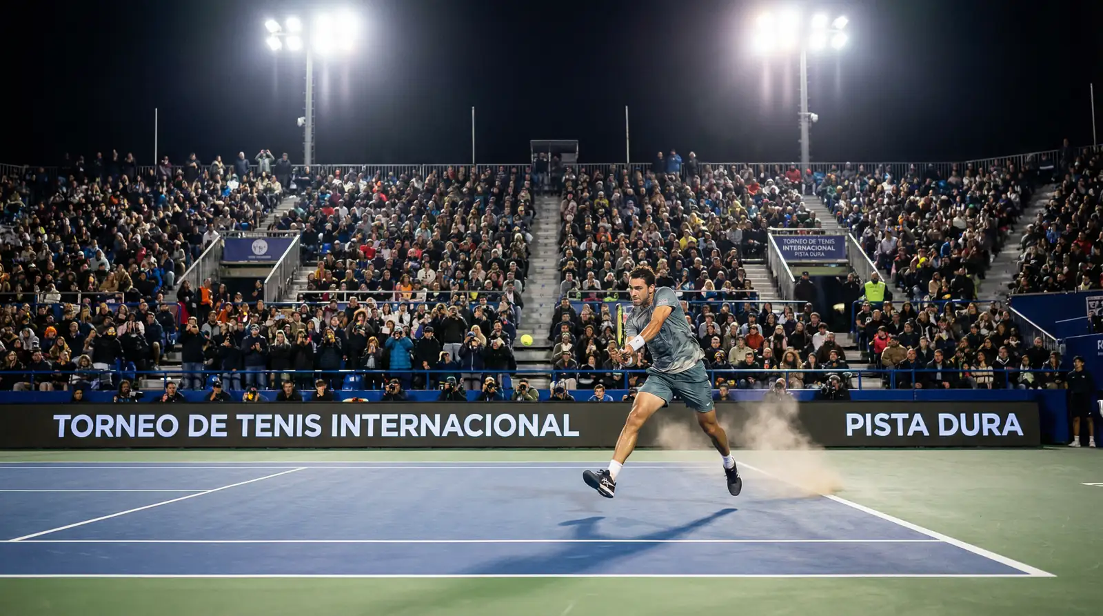 Tenista en plena acción devolviendo una bola en un partido de tenis nocturno con público en las gradas