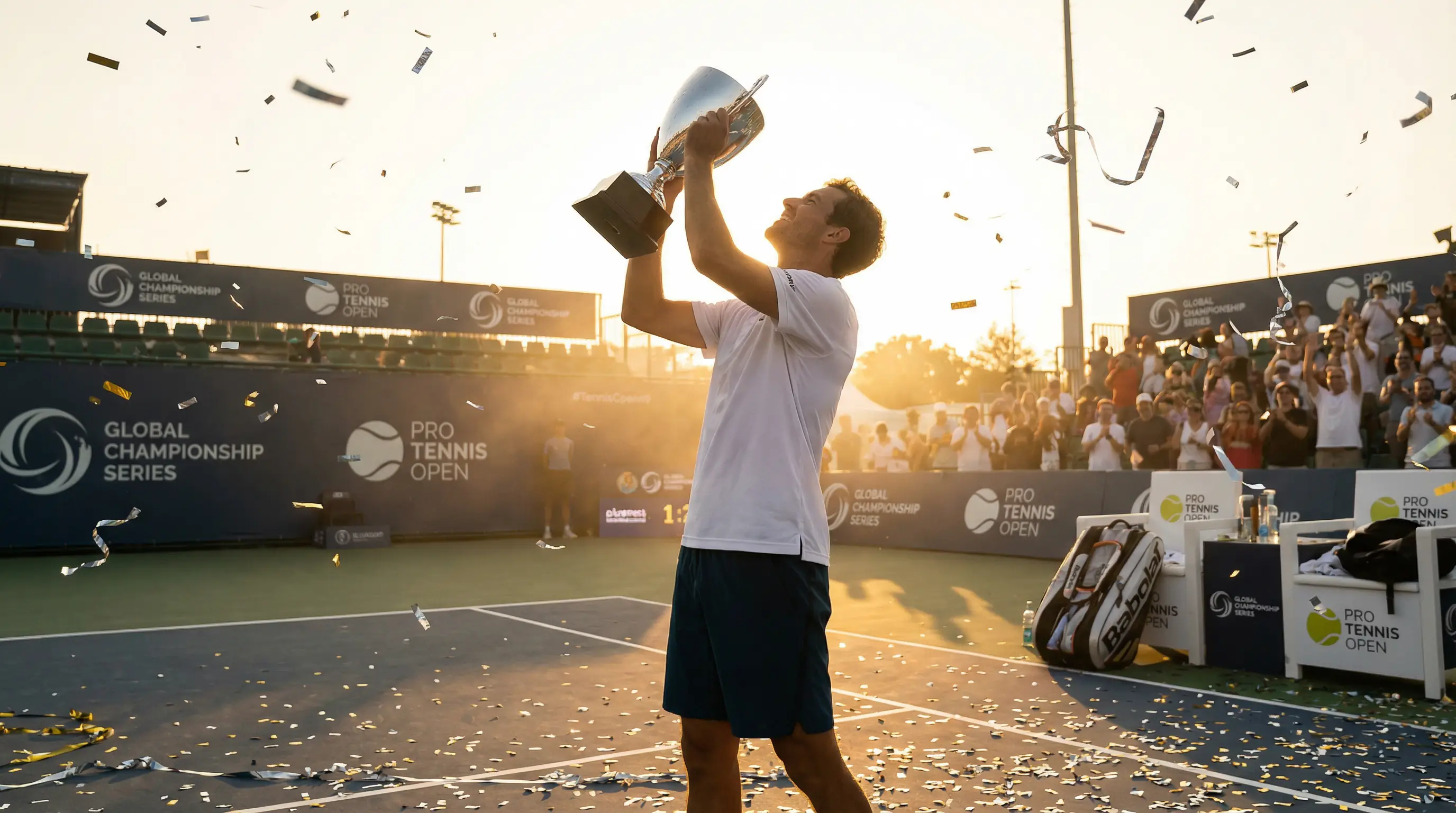 Tenista levantando un trofeo de torneo de tenis con la pista y las gradas de fondo
