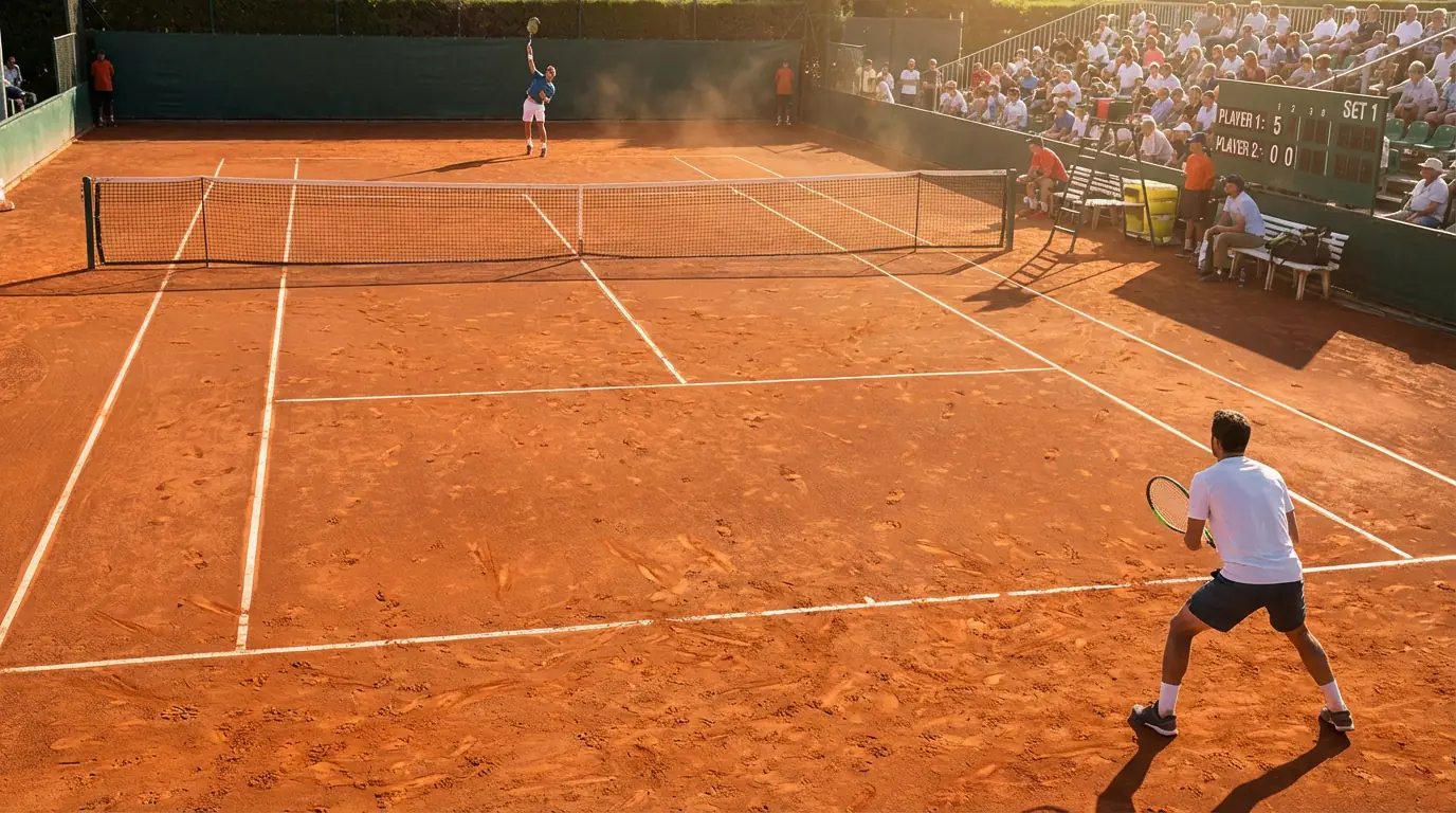 Marcador de un partido de tenis mostrando diferencia de juegos entre dos tenistas en pista de tierra batida