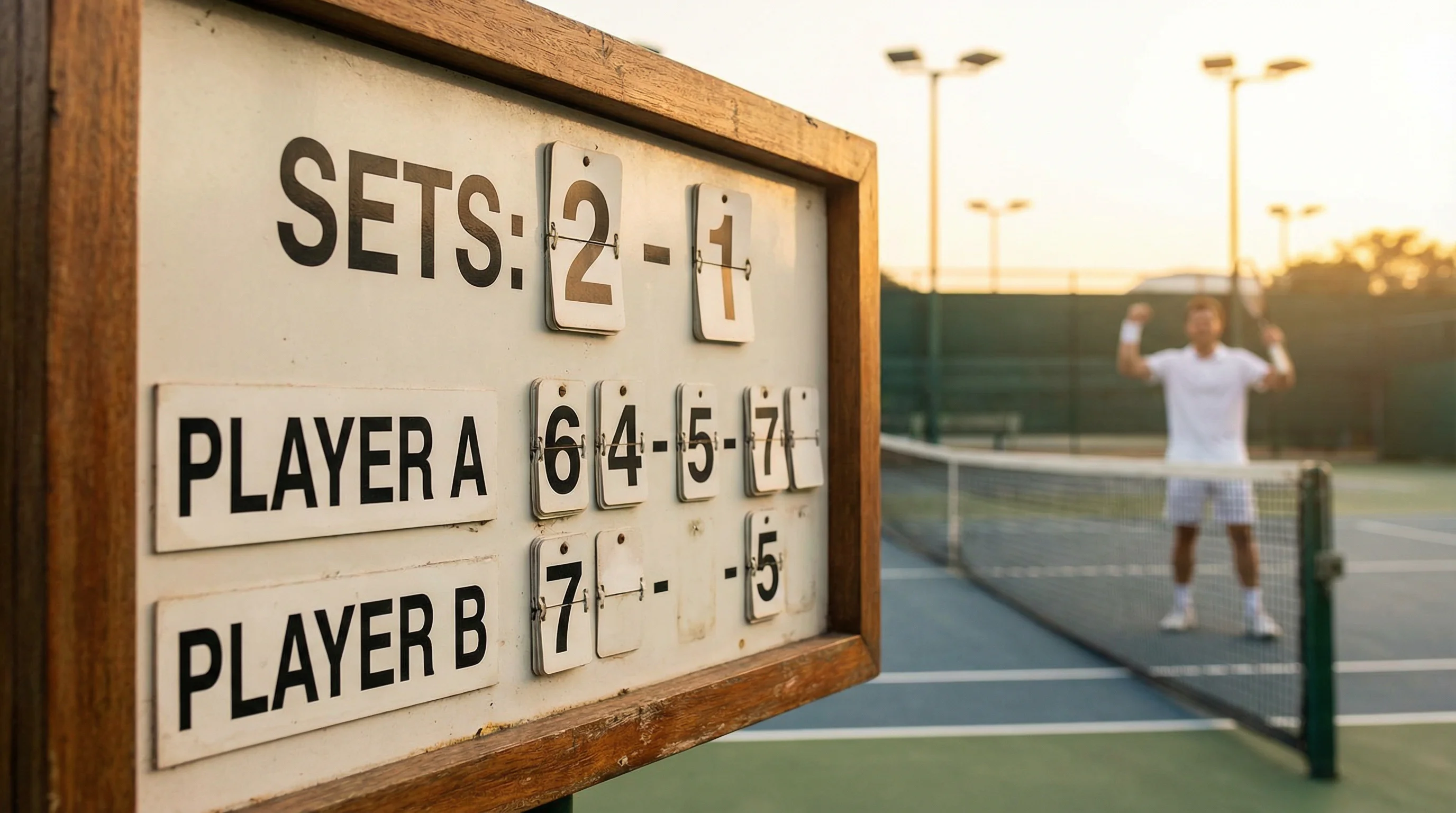 Primer plano de un marcador de tenis mostrando el resultado en sets de un partido disputado