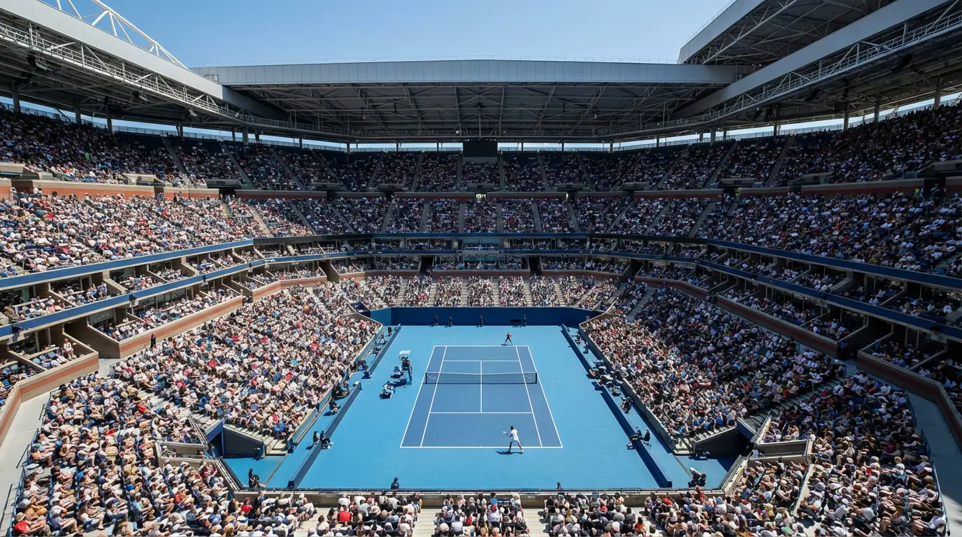 Pista central de un torneo Grand Slam de tenis con público lleno y un tenista al saque