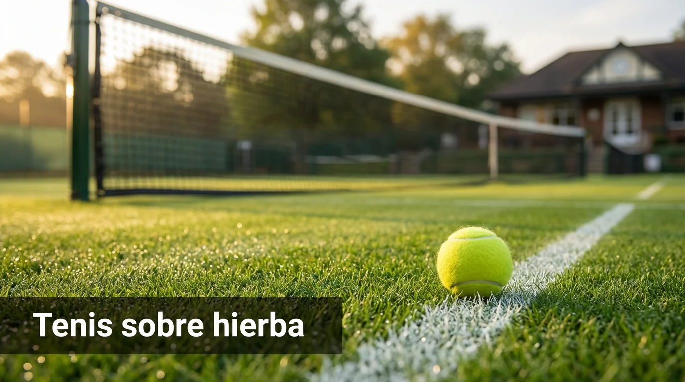 Pista de tenis de hierba verde con red y pelota en primer plano