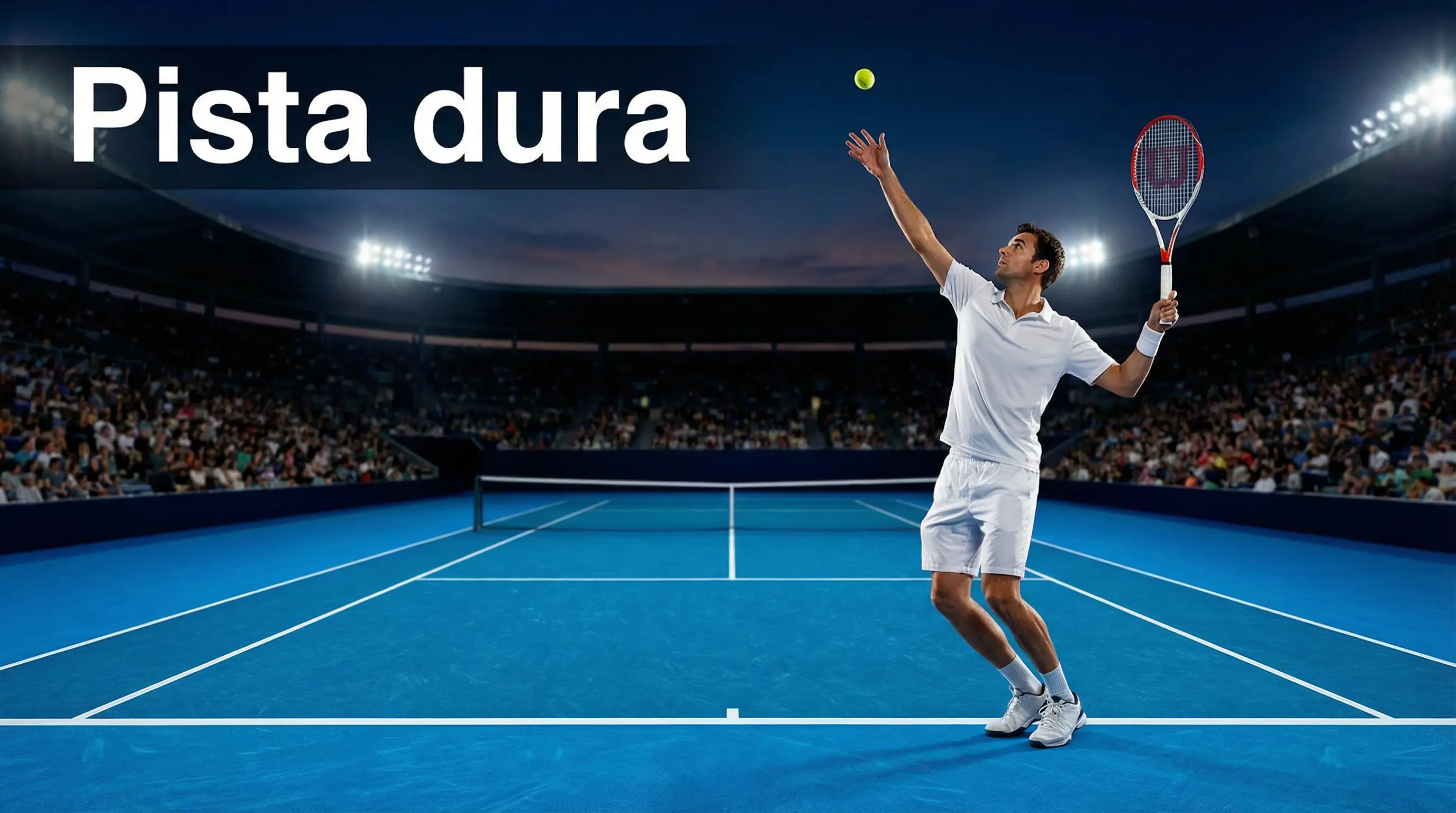 Pista de tenis de superficie dura azul con jugador preparando un servicio