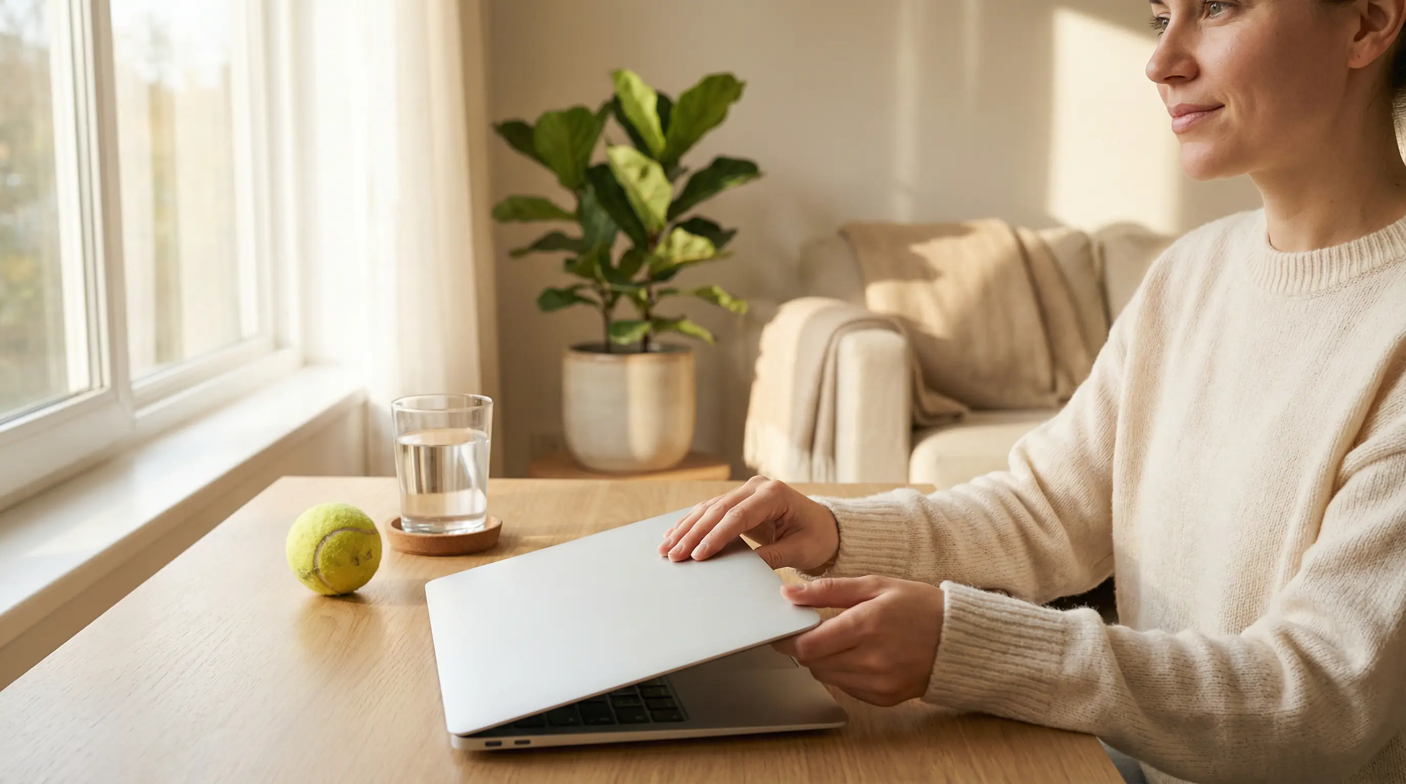 Persona pausando con calma frente a la pantalla de apuestas de tenis, gesto de autocontrol