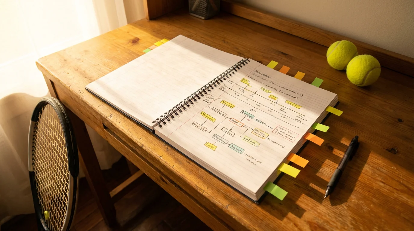 Bloc de notas abierto con planificación de temporada de tenis junto a una raqueta y pelotas