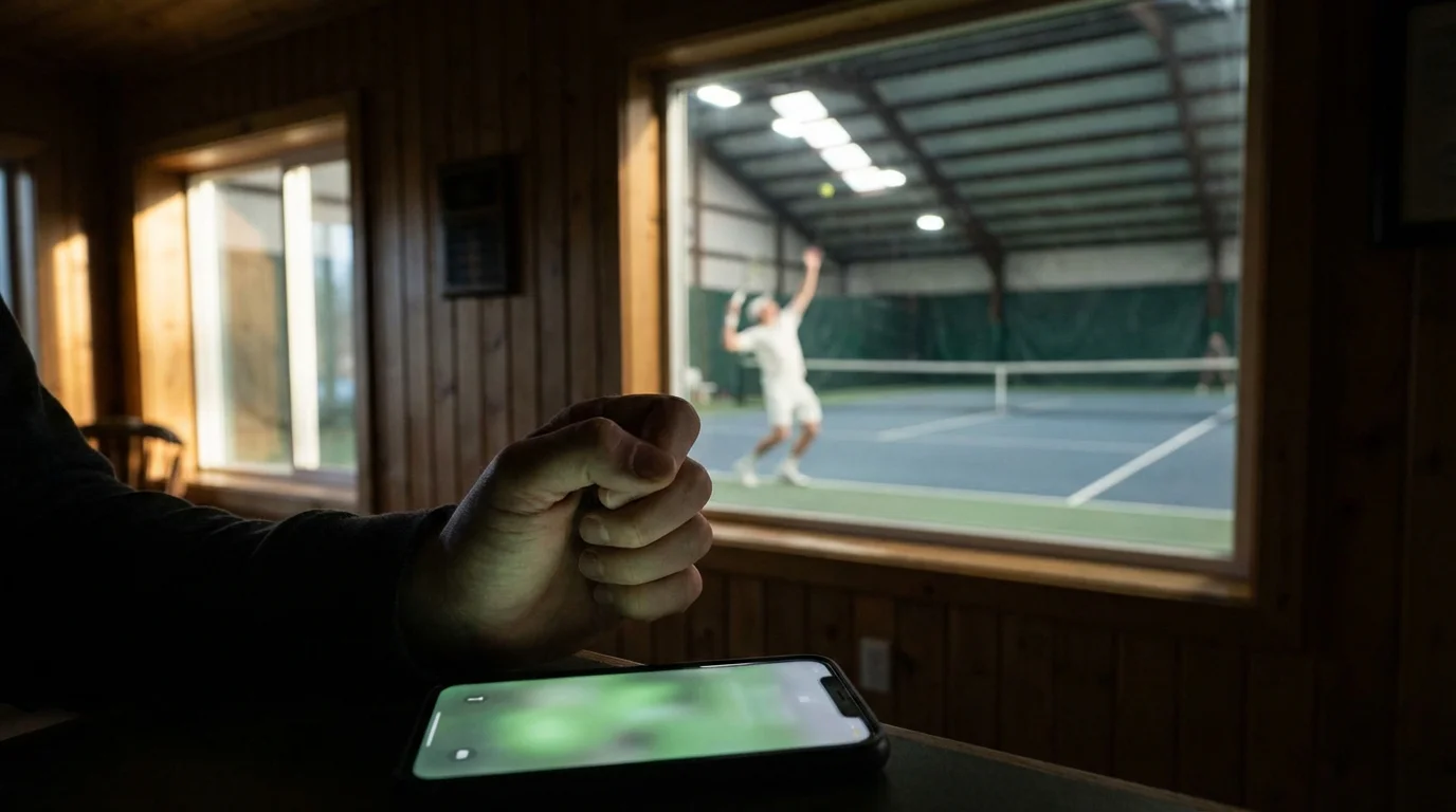 Mano de un apostador sobre el botón de cash out durante un partido de tenis en vivo