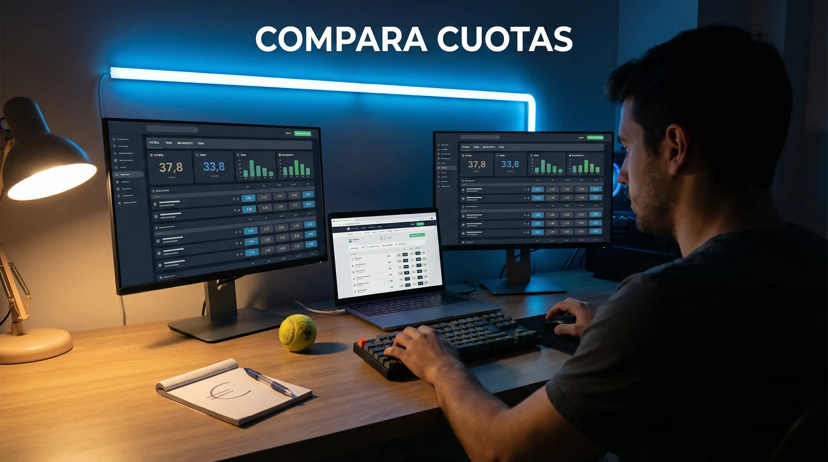 Persona comparando cuotas de apuestas de tenis en varias pantallas con datos de diferentes operadores