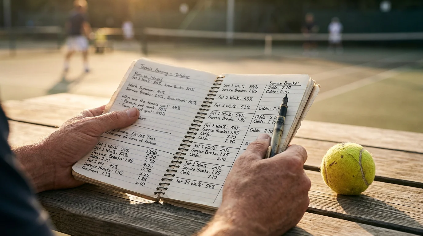 Persona analizando cuotas de un partido de tenis en un documento con anotaciones y datos estadísticos