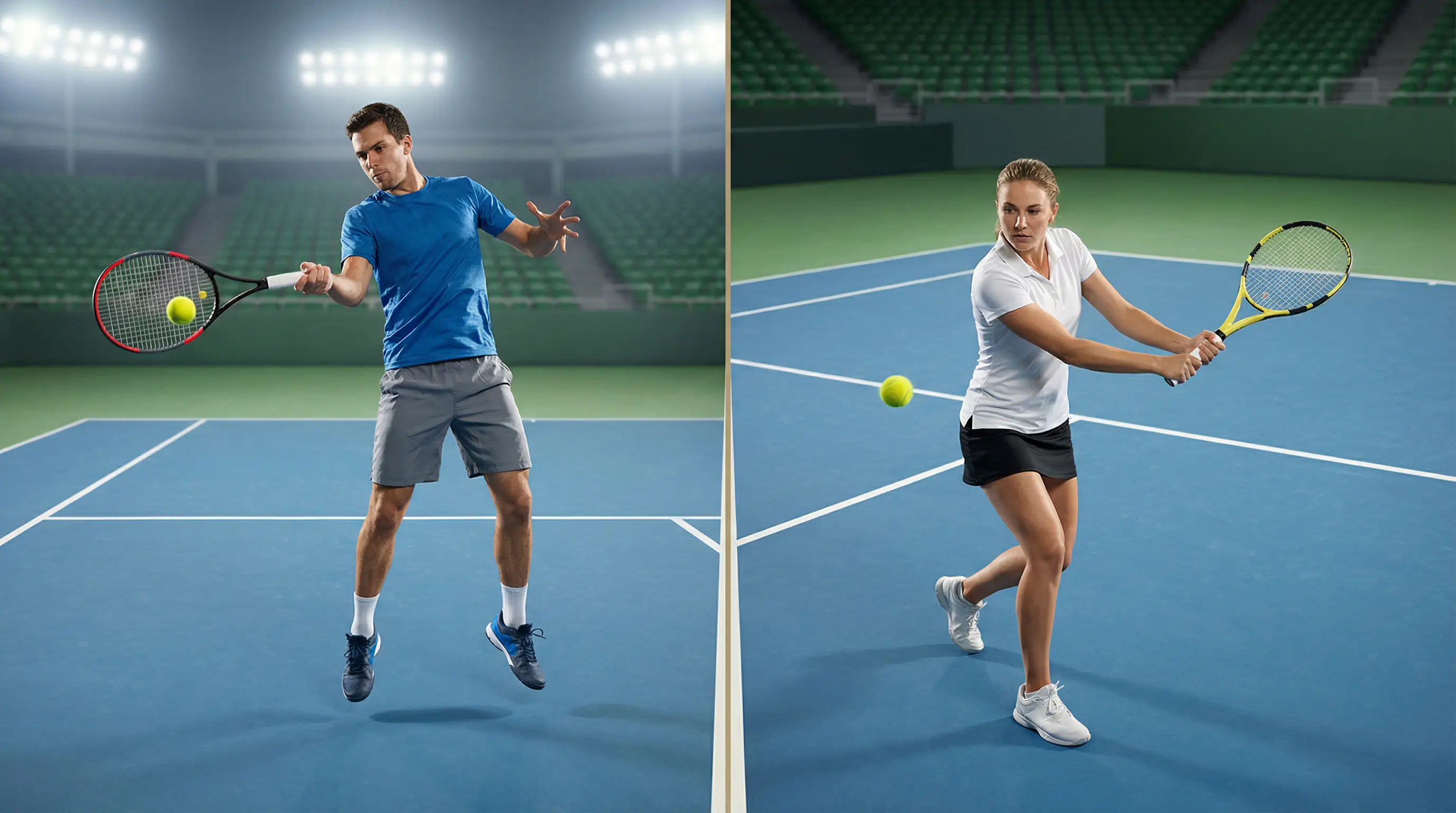Pista de tenis dividida en dos mitades mostrando un partido masculino y uno femenino