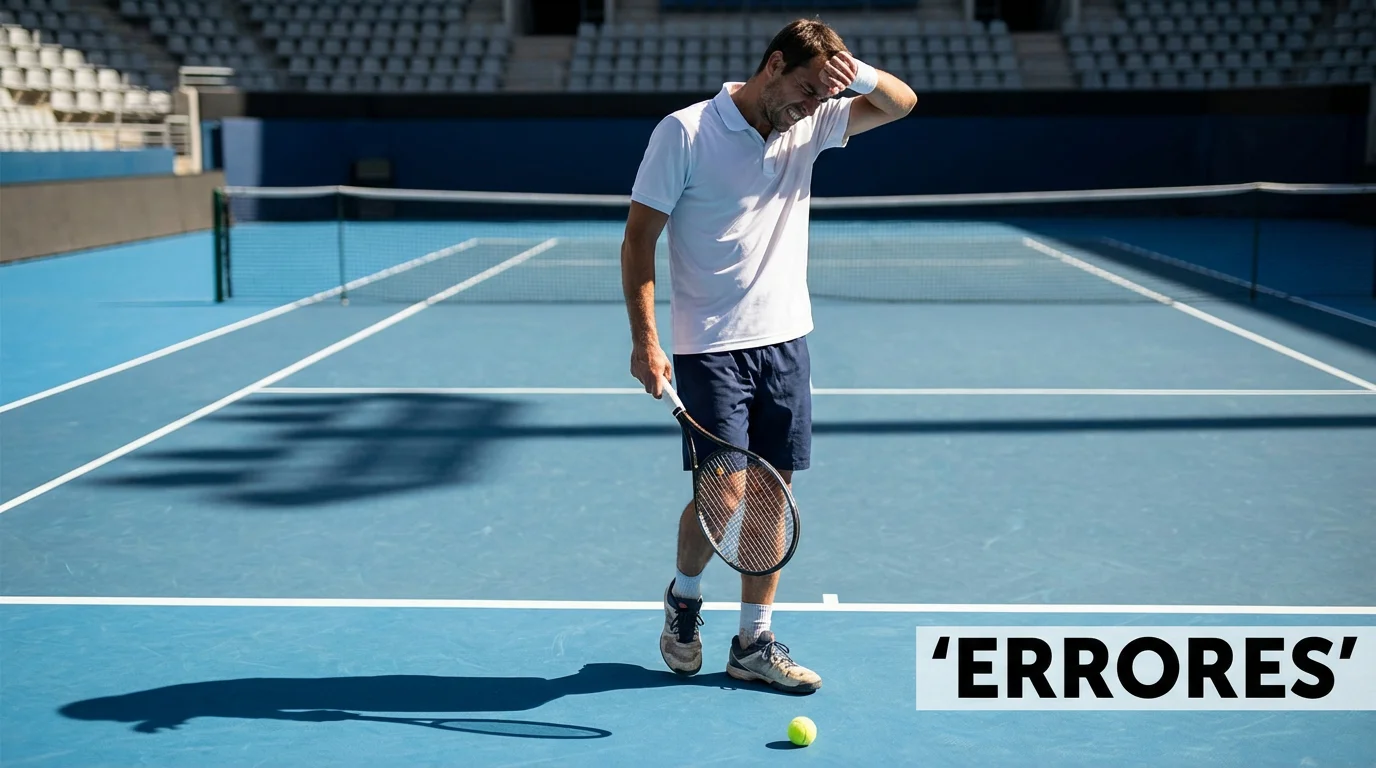 Jugador de tenis frustrado en la pista tras cometer un error durante un partido