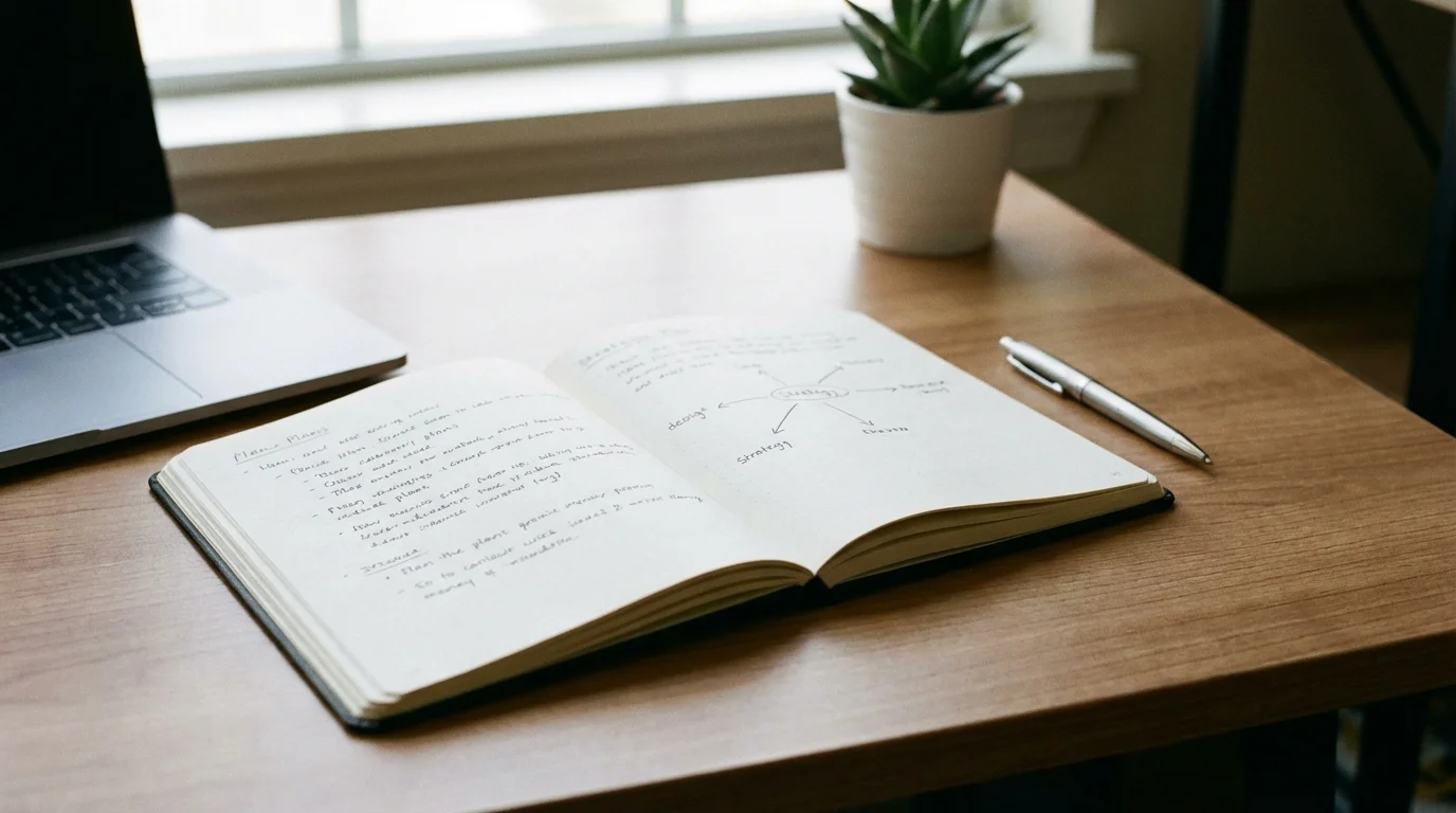 Cuaderno con plan de gestión de bankroll para apuestas de tenis junto a un portátil