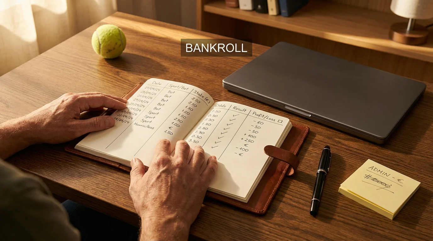 Persona organizando su bankroll de apuestas con un cuaderno y anotaciones sobre gestión de capital