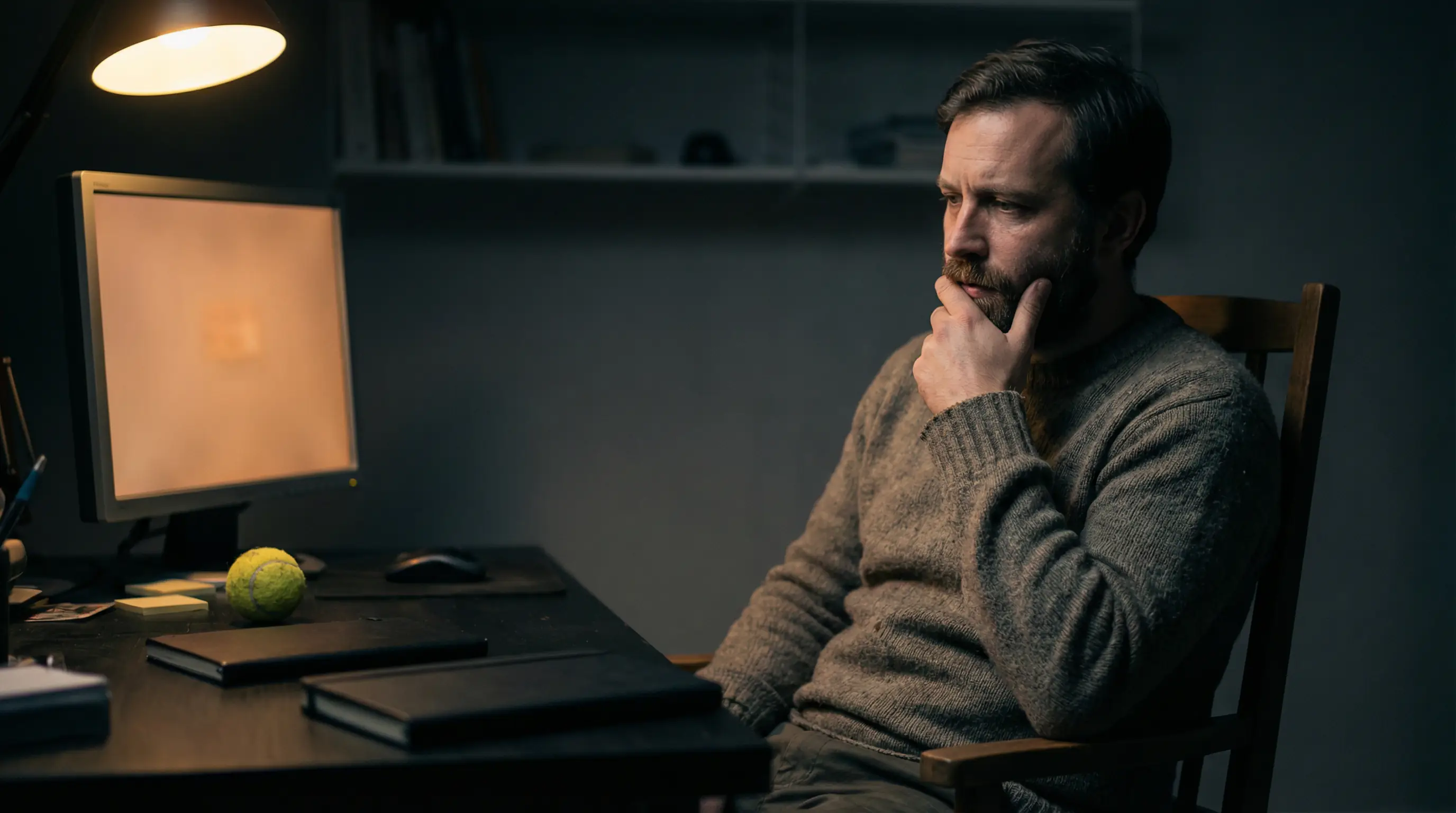 Hombre concentrado frente a una pantalla de apuestas de tenis con expresión reflexiva