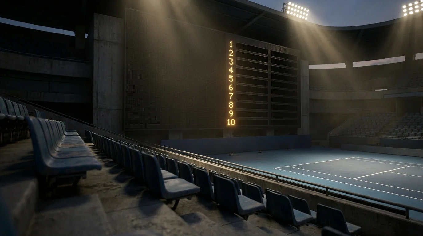 Tabla de clasificación de tenis iluminada en un estadio con números de ranking visibles