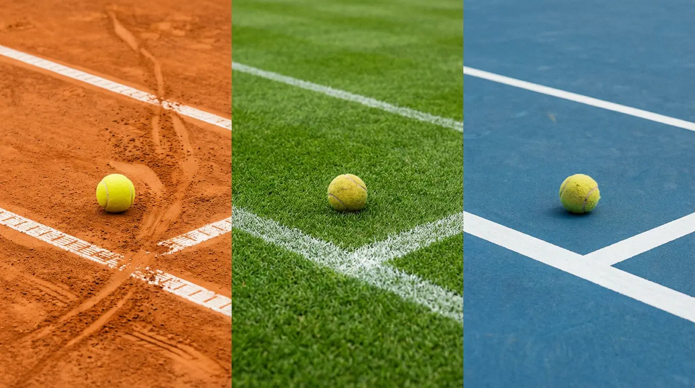 Tres tipos de superficie de tenis: pista de tierra batida, hierba y pista dura vistas de cerca