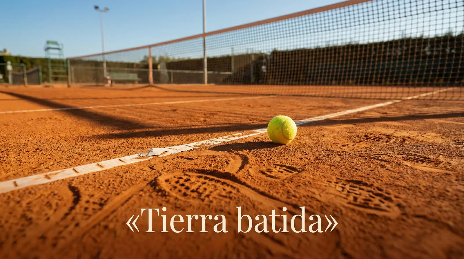 Pista de tenis de tierra batida con marcas de deslizamiento y líneas naranjas